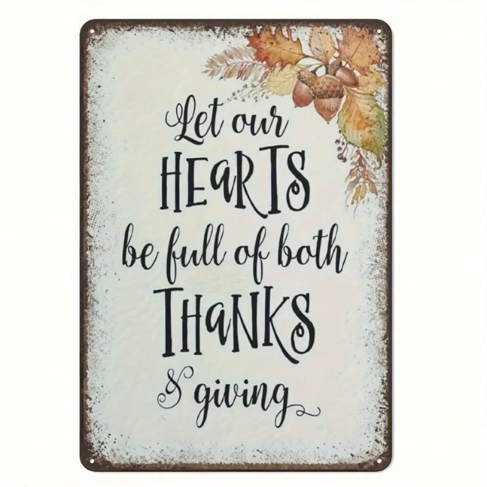 

【Exclusive Brand】 Rustic Tin Sign Farmhouse Wall Decor with Autumn Leaves & Acorns, 12x8 Inch Thanksgiving Holiday Home Decor