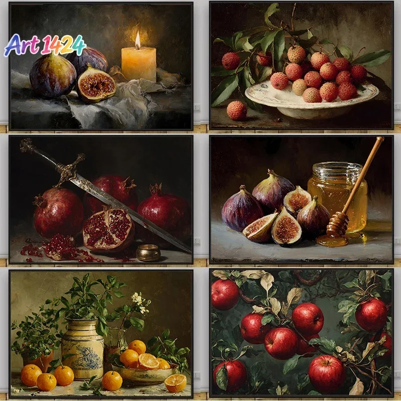 1pc frameless canvas painting Sweet Honey And Fig Pomegranate Pear Litchi Apple Fruit Still Life Art Poster Canvas Printing K