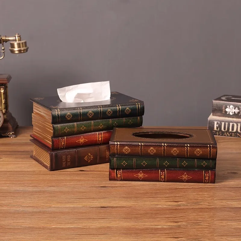 Caja de pañuelos con forma de libro retro europea, mesa de salón para el hogar, decoración, caja de almacenamiento de servilletas, adornos de madera de libro falso simulado