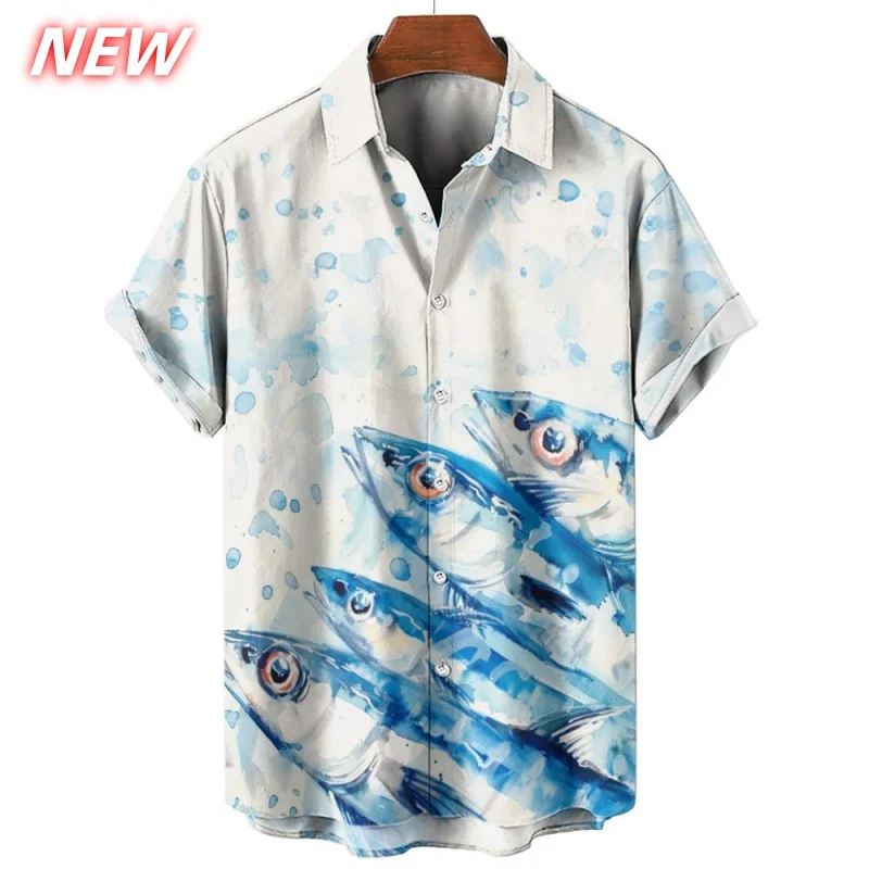 

Милая гавайская рубашка с рисунком рыбы, мужская блузка с короткими рукавами и 3D принтом морских животных, повседневная пляжная рубашка на пуговицах для отдыха, свободные рубашки Aloha