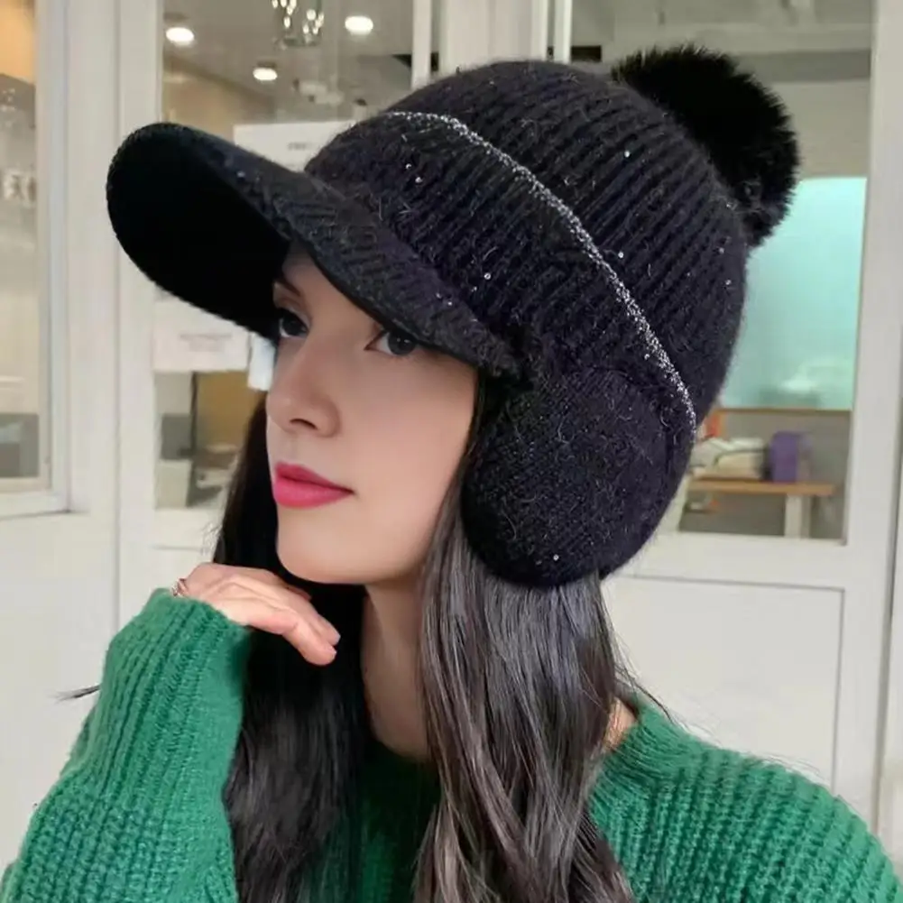 

Women Weather Cap Winter Knit Hat with Plush Ball Decor Ear Protection Thickened Warm Windproof Headwear for Weather Women
