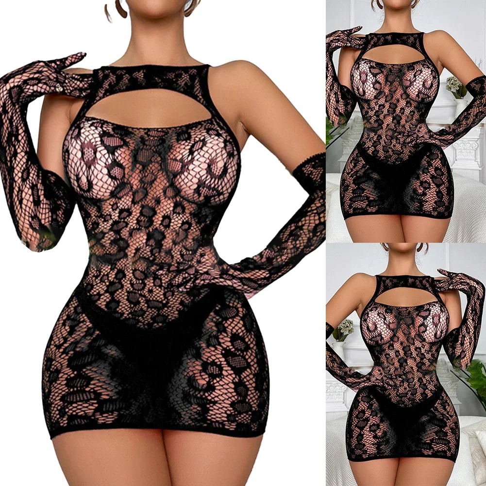 المرأة مثير الجاكار بقماش شفاف انظر من خلال Bodycon فستان الورك التفاف فستان النوم منظور فستان النوم قفازات مجموعة الملابس الداخلية المثيرة