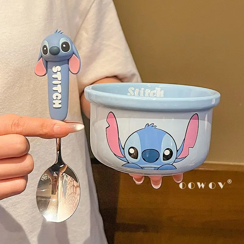 Mangkuk Nasi Keramik Seri Stitch Baru Disney Mangkuk Sup Rumah Tangga dengan Sendok Peralatan Makan Dapur Mangkuk Makanan Pendamping Anak-anak