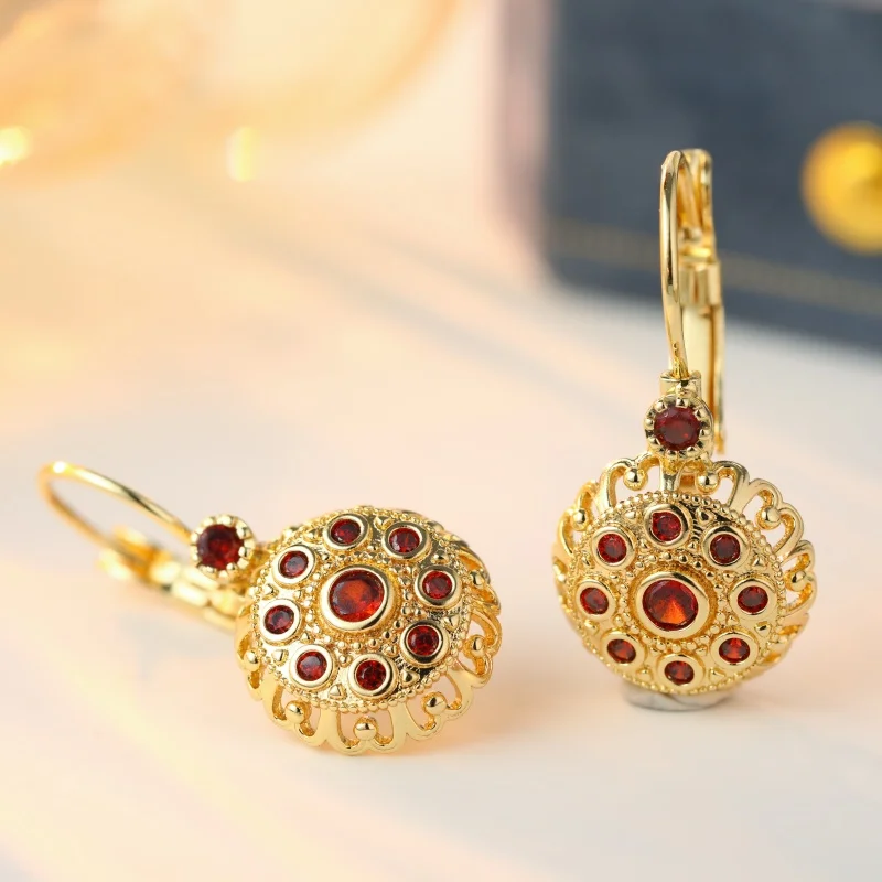 Gorgeous Inlaid Red CZ Dangle Women's Earrings Trendy Golden Color Geometry Daily Wear Party Jewelry Anniversary Gift