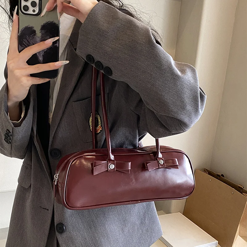 New Korean Elegant Handmade Leather Shoulder Bag Women Trendy British College Style Underarm Bag Casual Versatile Baguette Bag