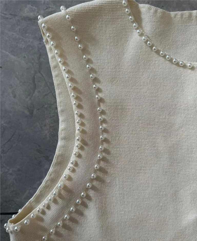 

Elegant Pearl Edge Sleeveless Knitting Dress Women's 2024 Spring/Summer New Slim Long Dresses 5230444
