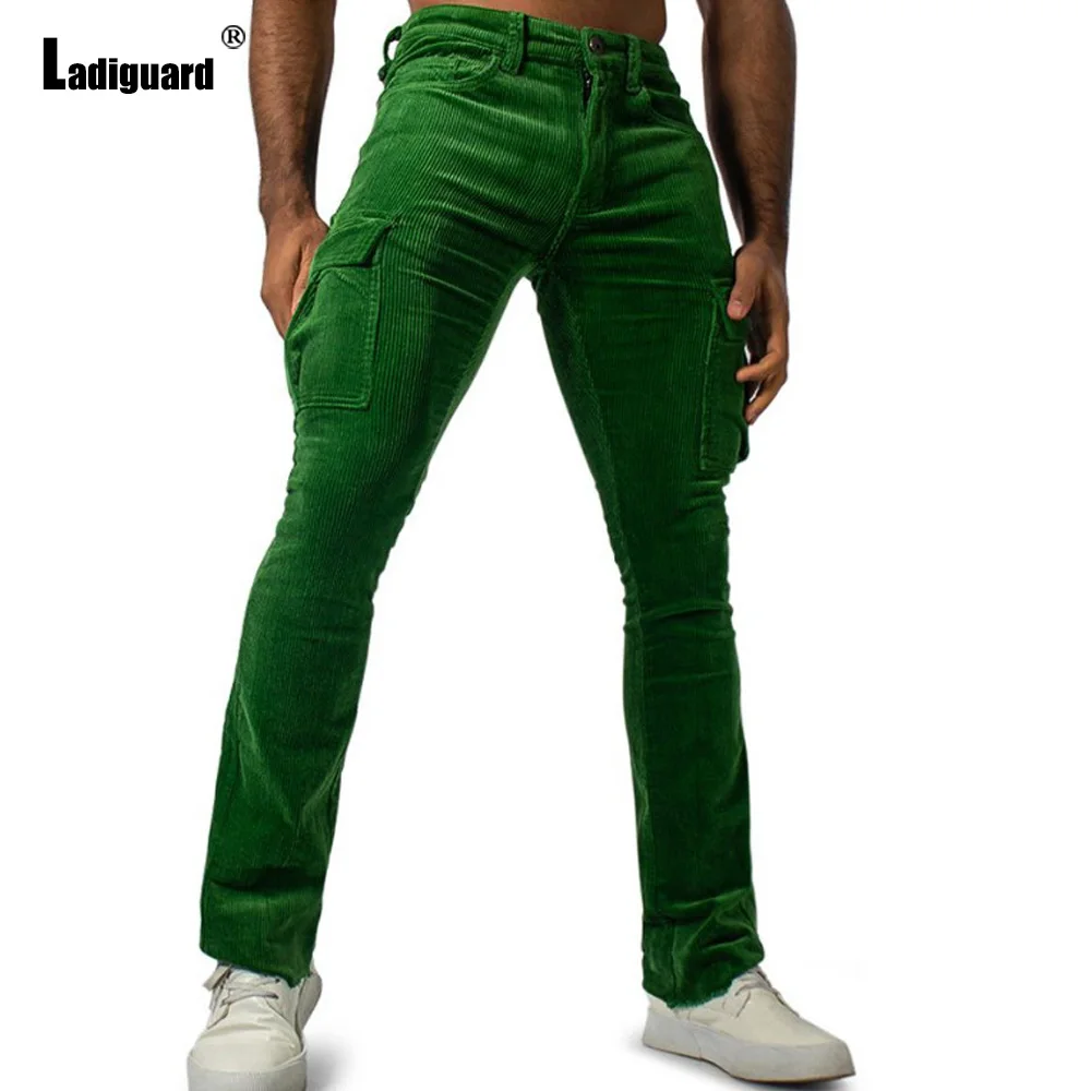 

Ladiguard Plus Size Mens Vintage Corduroy Pants Solid Green Ankle-Length Trouser Men Fashion Basic Zipper Pocket Cargo Pants New