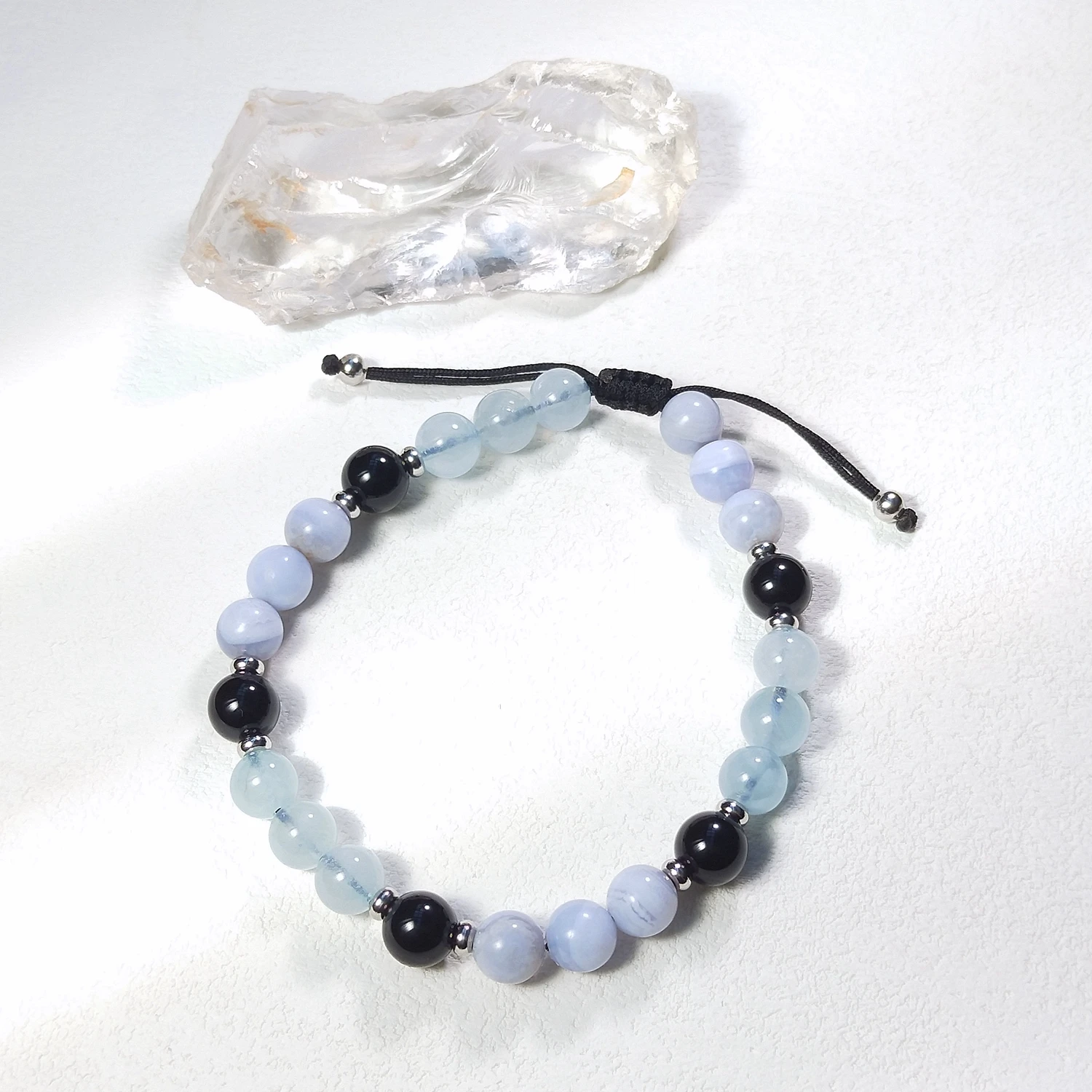 Lii Ji Natural Stone Aquamarine Blue Lace Agate Black Agate Beaded 8mm Adjustable Bracelet For Male Jewelry