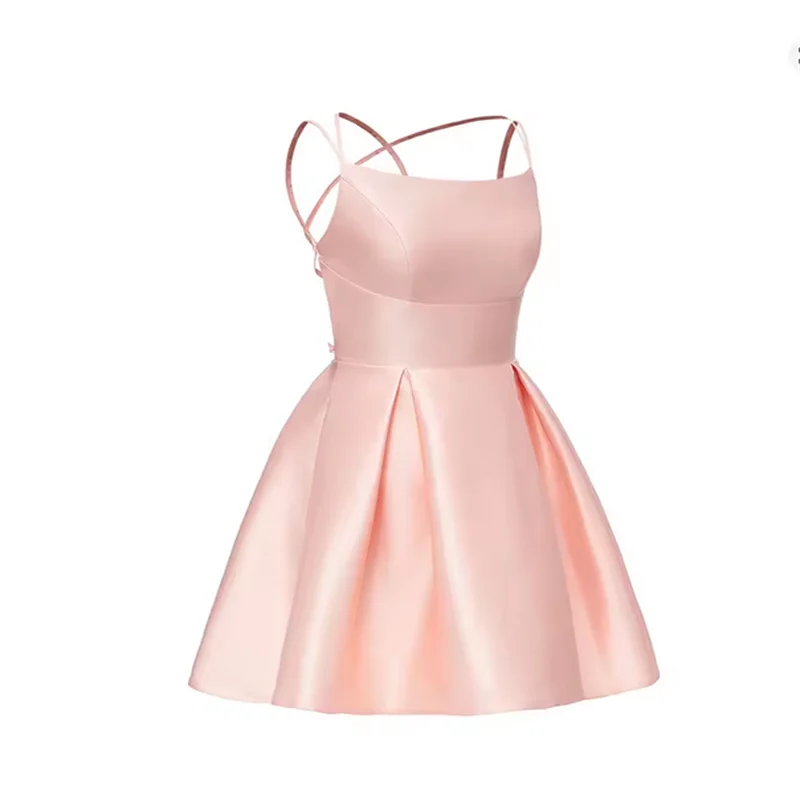 Short Satin Pink Homecoming Dresses with Pockets A-Line Criss Cross Back Knee Length Robes de Soirée for Women Customized