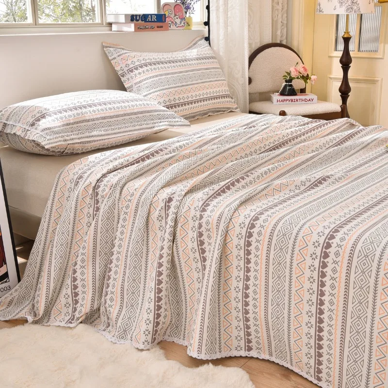 Breathable Raw Cotton Thick Yarn Cooling Bed Set with Lace Edge | 3Pcs Bedding for Summer