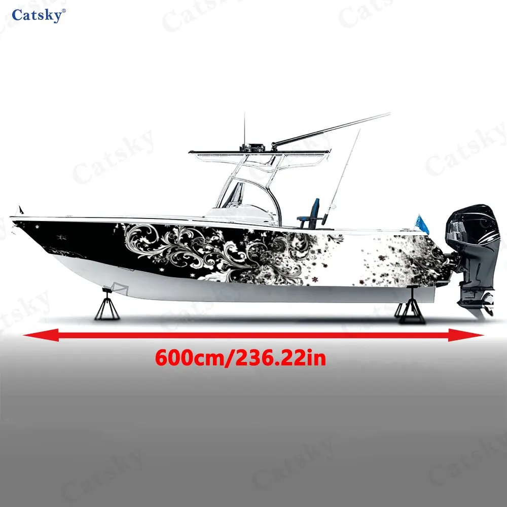 Black & White Baroque Scroll Boat Sticker, PVC Waterproof Durable Vinyl Wrap Decals for Fishing Boat, Durable and Stylish Design