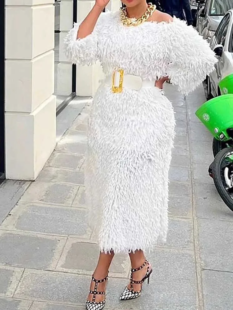 Vestido de noite de inverno feminino manga longa fora do ombro branco vestidos elegantes com cinto chique vestido de pele sintética atacado dropshipping