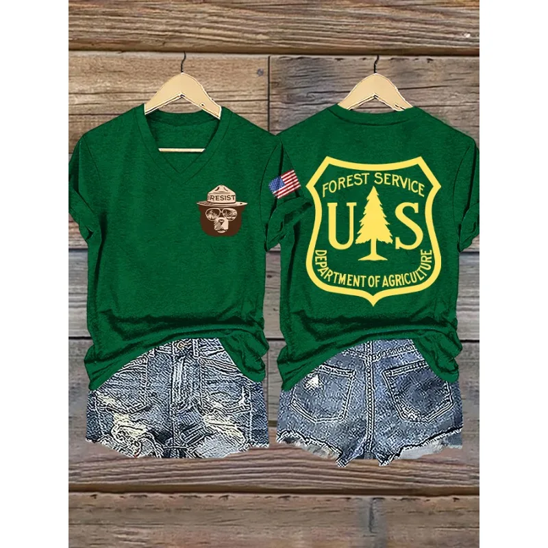 New Women's Retro Save The Forest Service Print T-Shirts Summer V Neck Tops Short Sleeve Casual Resist Tees