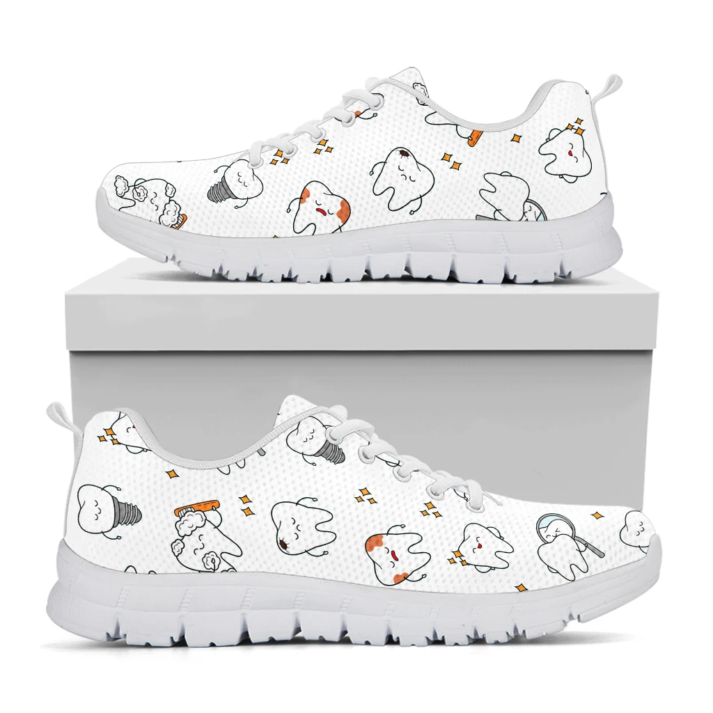 INSTANTARTS Cute Cartoon Dentist Tooth Cartoon Pattern Femme Flat Shoes Breathable Air Casual Sneaker for Women Non-Slip Zapatos