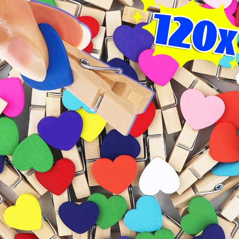 12/120PCS Wooden Colored Clip Mini Heart-Shaped Memo Paper Photo Peg Clothespin DIY Valentine's Day Wedding Party Craft Decor