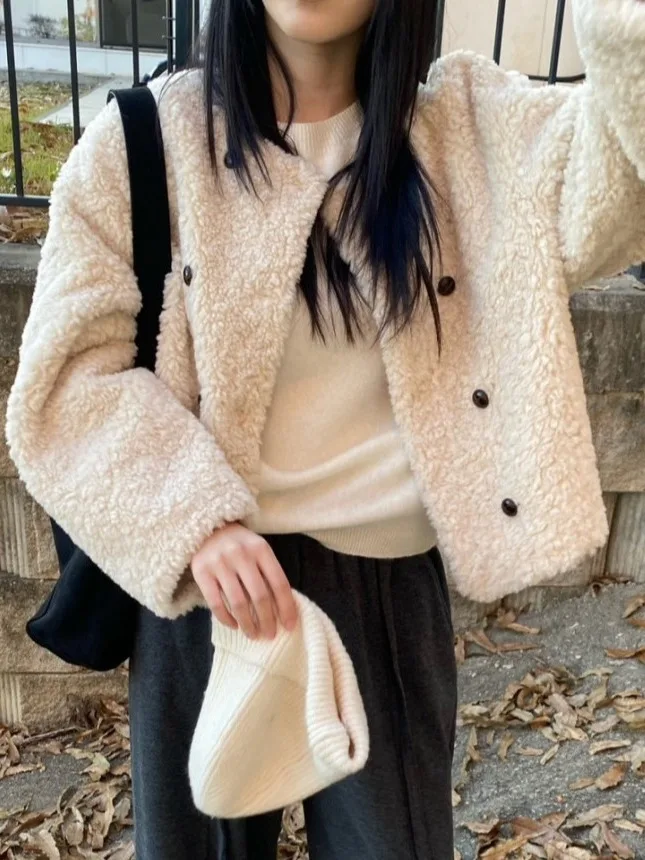 Retro Casual Zweireiher Lamm Pelz ort Mantel frauen Kleine Größe Nette Anti-Aging runde Ne Top Koreanische sle Lose Fit