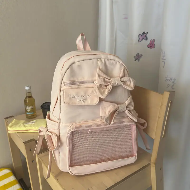 Women's Backpack, Cool Breeze, Soft Fog, Low Saturation Sea Salt, Blue Bow Backpack, Student Party, Girl, Travel, Commuting, Lig