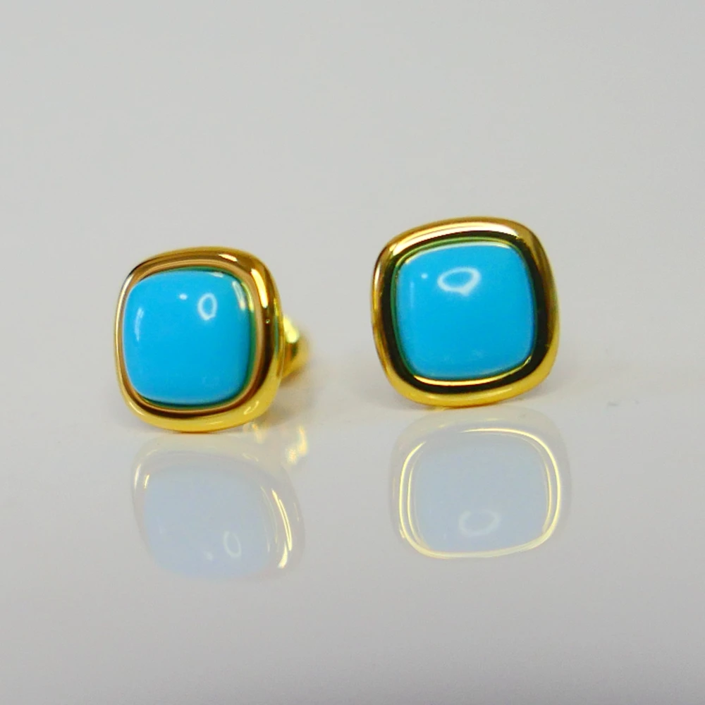 KQDANCE Solid 925 Sterling Silver With Square Blue Green Turquoise Stone Stud Earrings Women Fine Jewelry