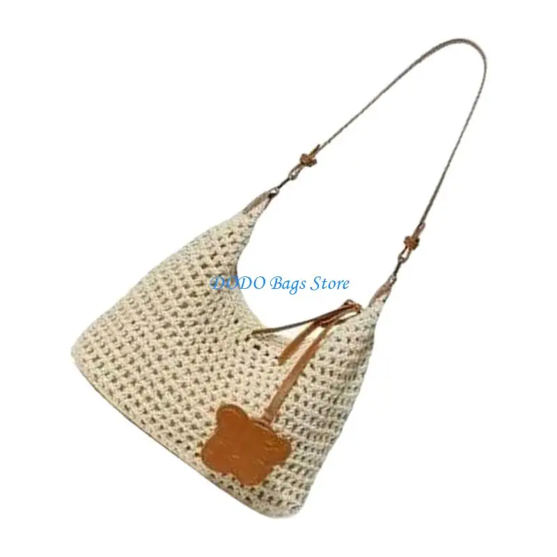 

E8FB Lightweight and Practical Woven Shoulder Bag with Soft Lining Beach Bucket Bags Casual Underarm Purse for Daily or Party