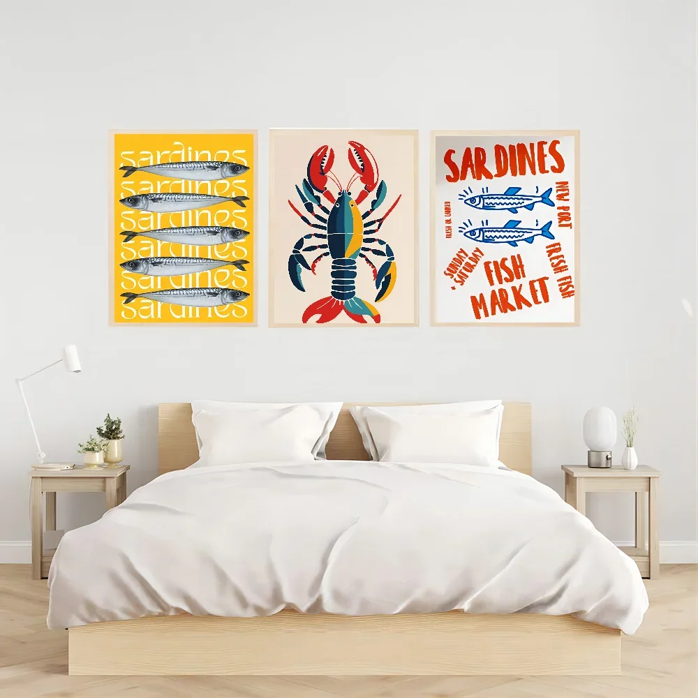 Sardine Lobster Fish Ocean Animal Whitepaper Anime Posters Sticky Decoracion Painting Wall Art White Kraft Paper Wall Decor