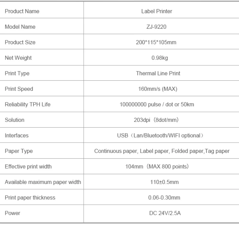 ZJ-9220 Термопринтер этикеток Быстрая печать Складная бумага типаcascode Большая ширина Печать Без ленты Более точное позиционирование