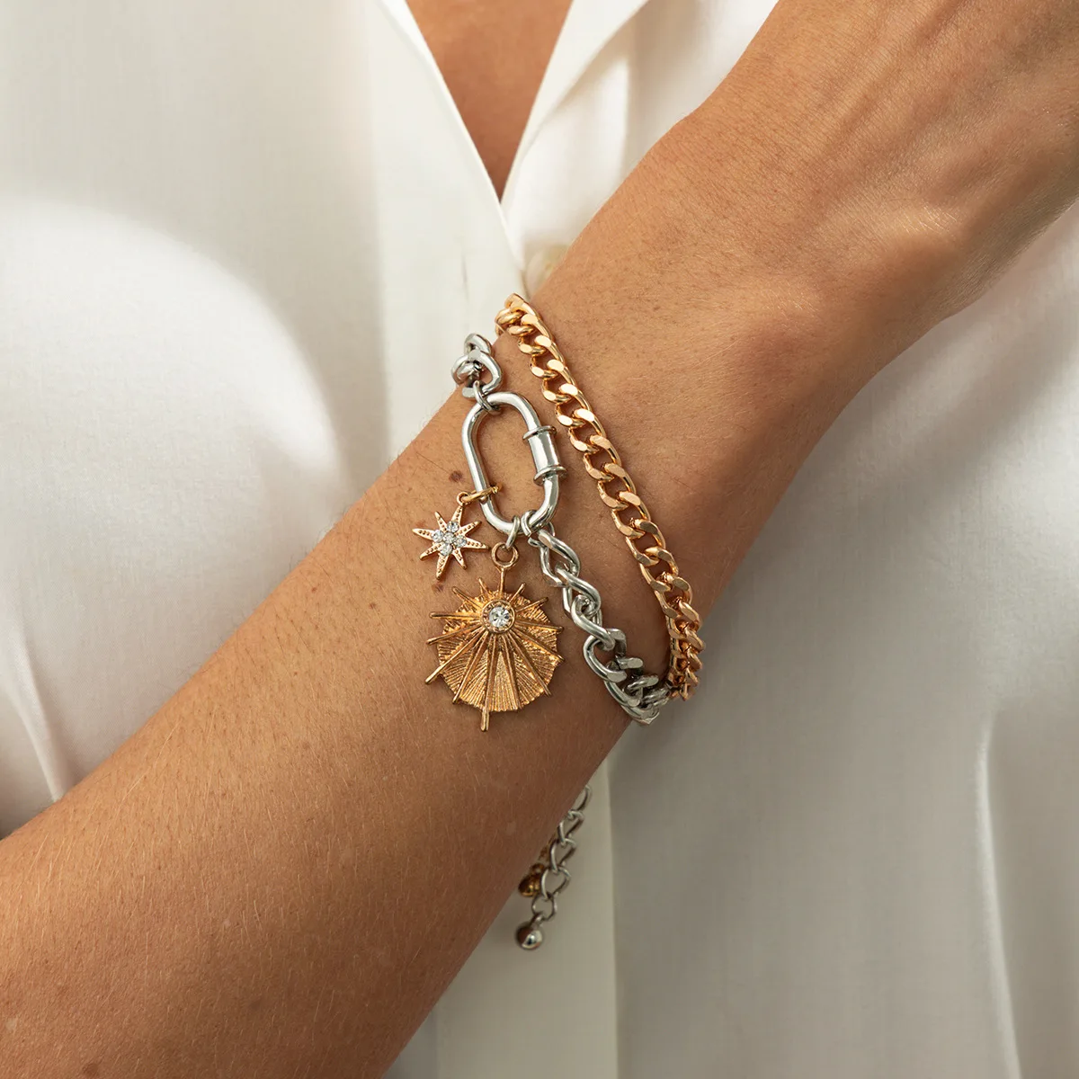 Cross-border fashion ins metal diamond-encrusted octagram pendant bracelet, hip-hop contrasting color chain jewelry set for wome