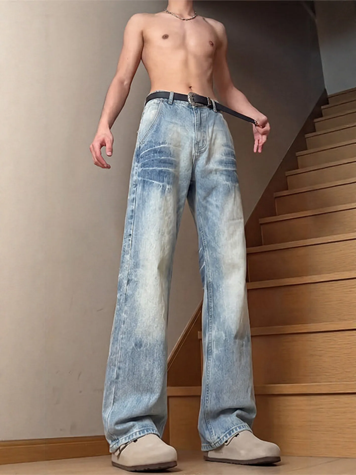 

Cleanfit Men's Slim Fit Jeans High Street American Sle Knife Bootcut Pants Lightning Pattern Distred Straight Leg J...