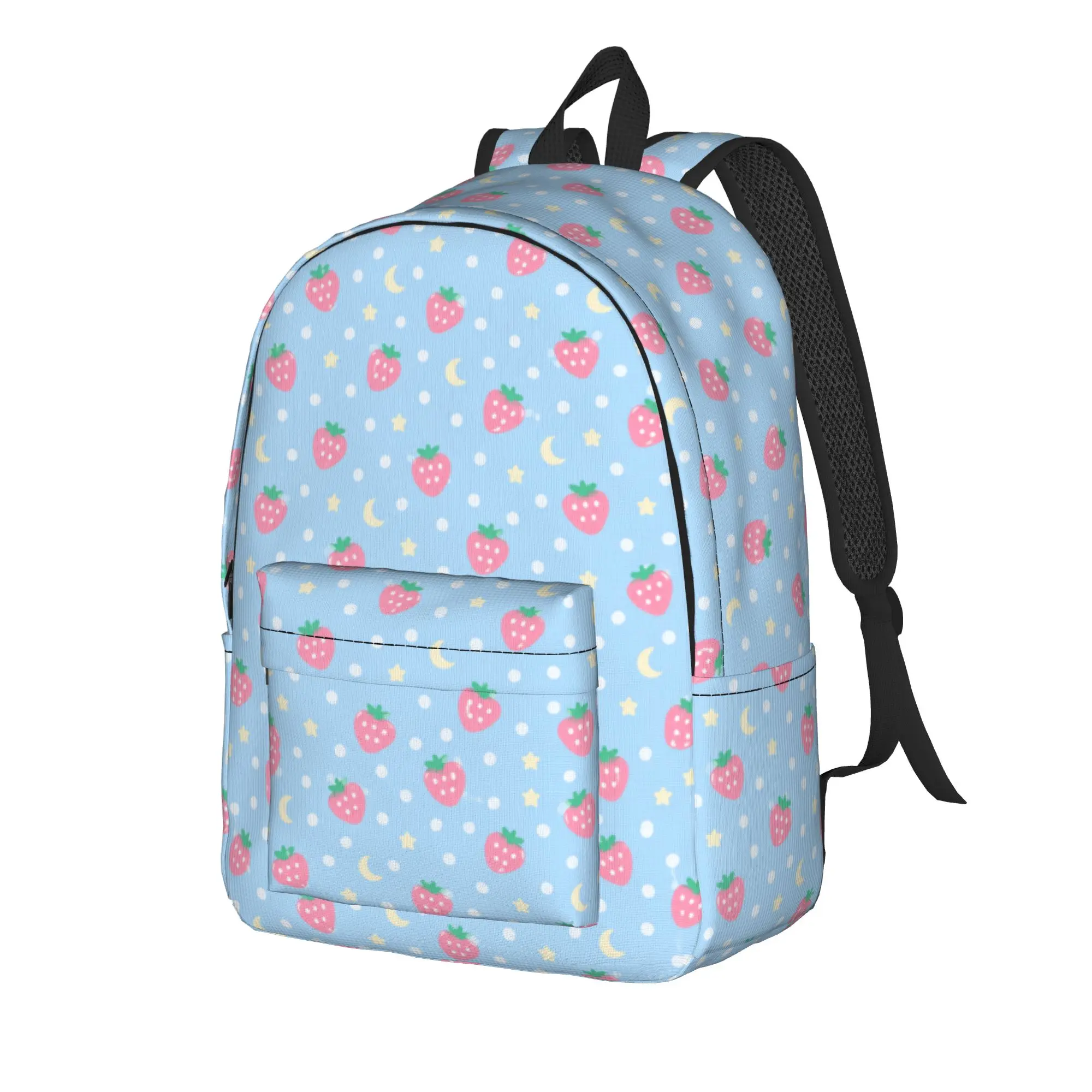 Blue Moon Strawberry Backpack  Women Men Polyester Hiking Backpacks Durable Casual School Bags Rucksack