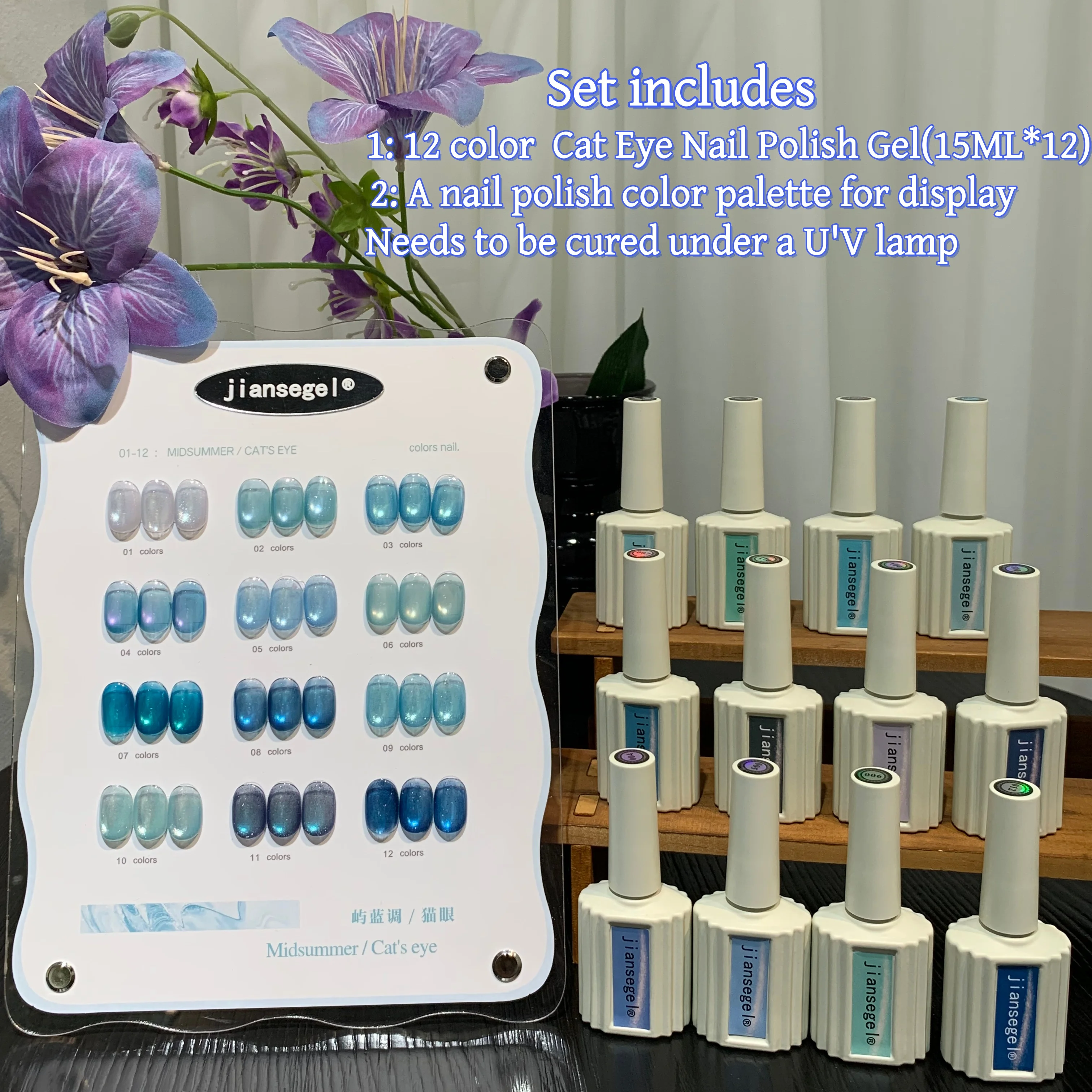 

12 Color Blue Mood Nail Gel Polish Set, Summer Blue Mood Moment, Fluorescent Sea Beach Dream Trip, Includes Color Chart