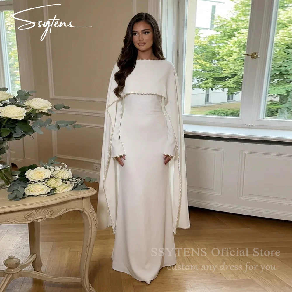 

SSYTENS Muslim Wedding Dresses Cape Satin Customized White Pearls Mermaid Shawl Arabic Bridal Gown Long Sleeves Vestido De Noiva
