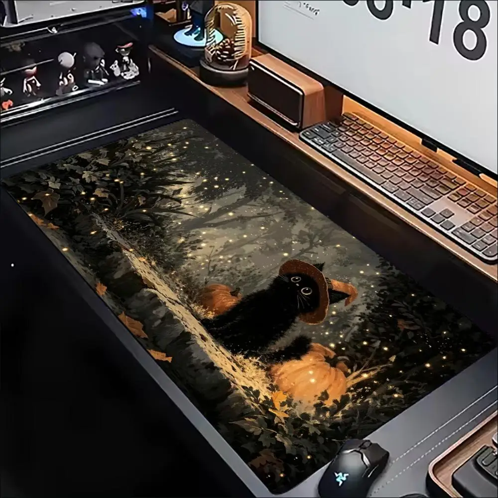 Black Cat Witch Hat Dark Forest Fireflies Pumpkins Big Gaming Mouse Pad Anti Slip Rubber Base Large Desk Mat for Cat Lover