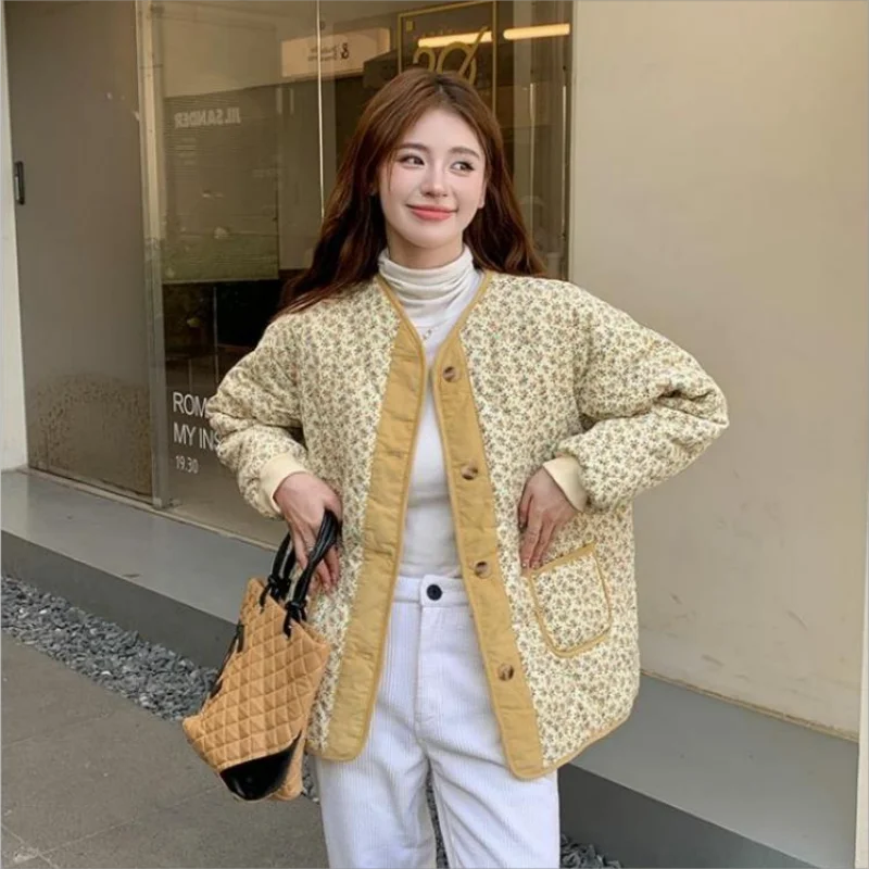 Vintage Yellow Flower Quilted Jacket Women Thick Warm Loose Winter Cotton Padded Coats Korean Single Breasted Parka Outwear