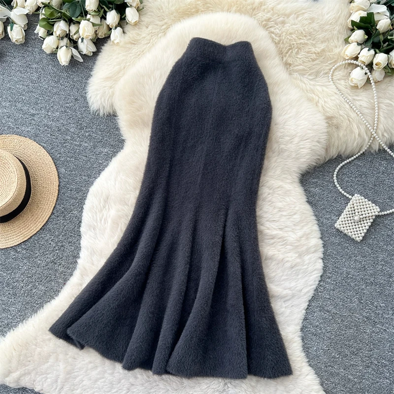 Damen Kunstnerz Gestrickter Meerjungfrauenrock Hohe Taille Weicher Flauschiger Warmer Pulloverrock Herbst Winter Eleganter Figurbetonter Langer Midirock 636 – Detail 28