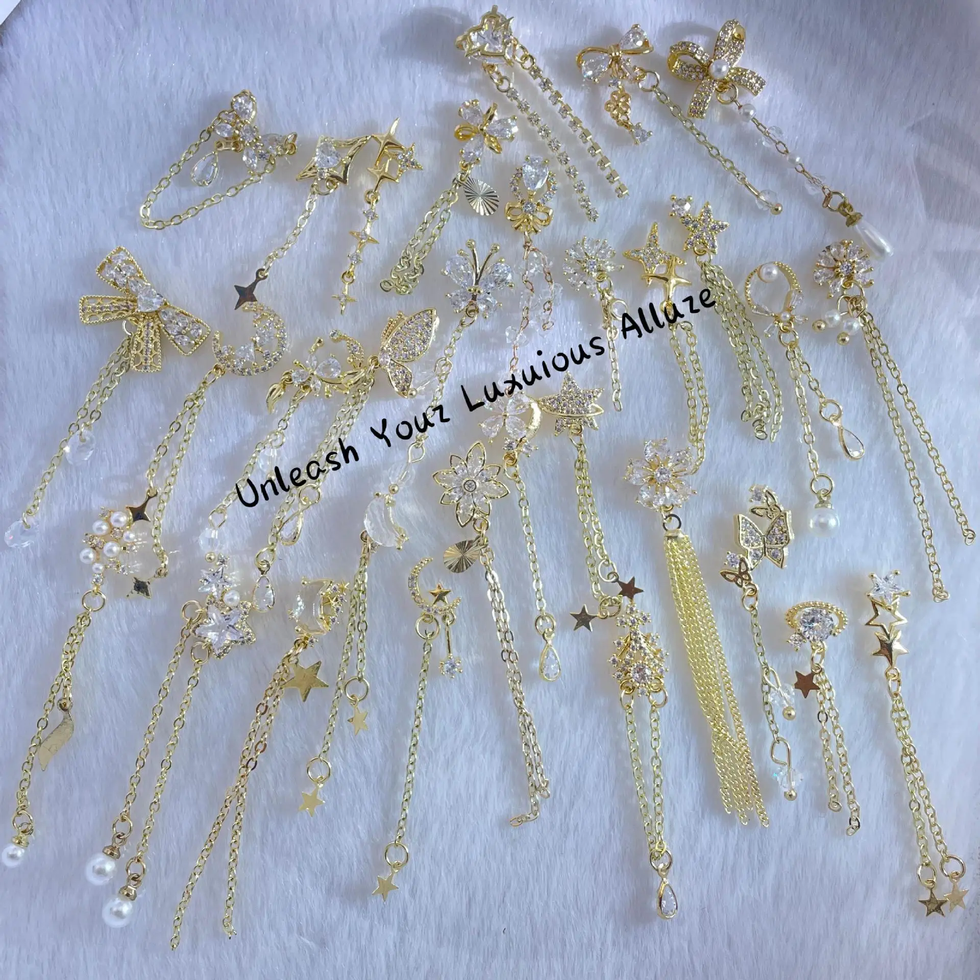 4PCS Kaniu Luxury Gold Pendant Zircon Star Moon Pearl 3D Alloy Nail Art Chain Tassel Charms Manicure Decorations Accessories