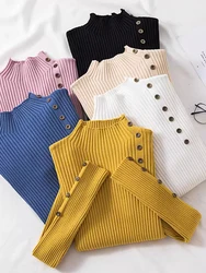 2024 Women Autumn Knitted Slim Sweaters Solid Knitted Female Cotton Soft Elastic Color Pullovers Button Full Sleeve Turtleneck