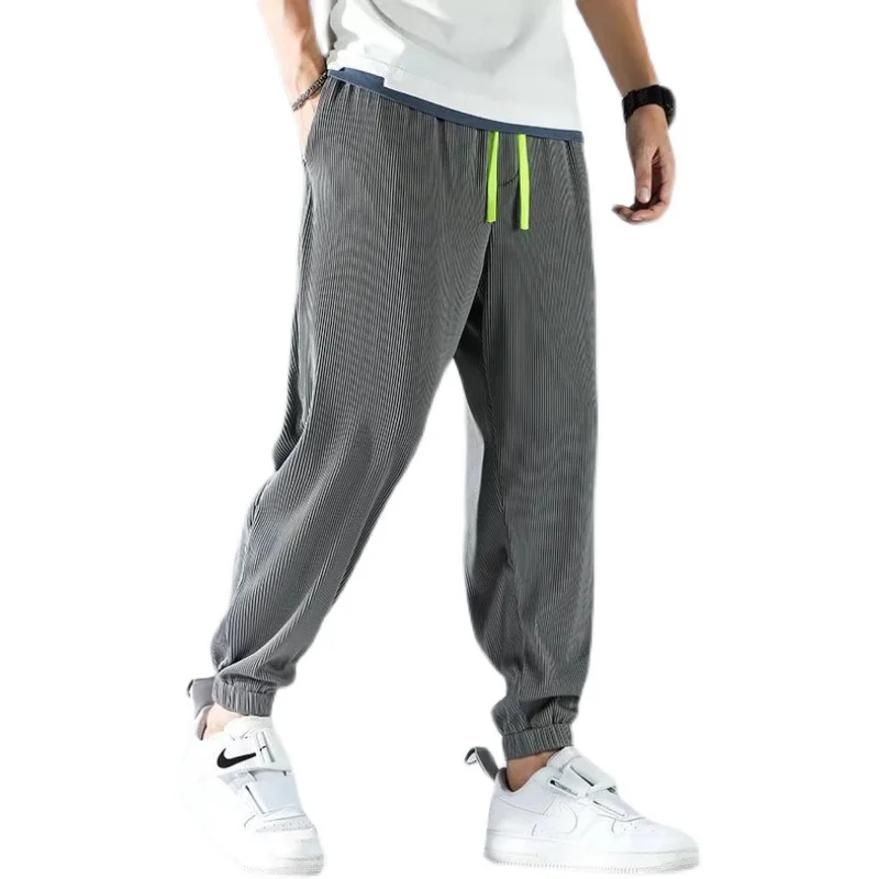 

Men's Ice Silk Casual Pants plus Size Ultra-Thin Qui-Drng Summer Faionable Harajuku Sle ket Nine-Piece Small Foot