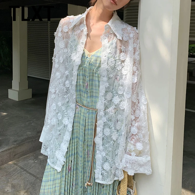 

TLXT модная женская рубашка с 3D цветами и лацканами, однобортная однобортная рубашка с длинными рукавами, шикарный стиль, новинка 2025 года, женская одежда XK183