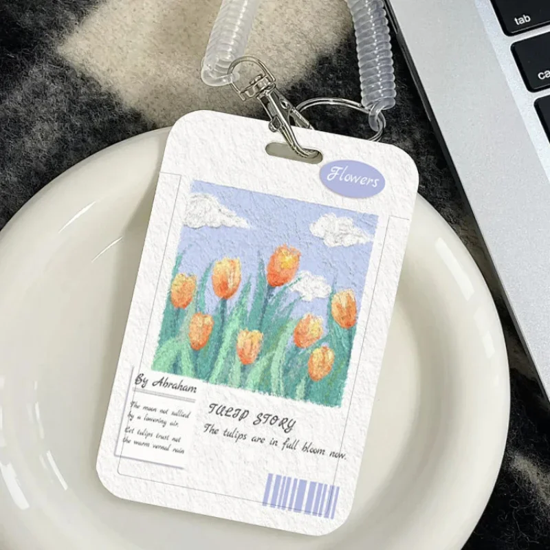 

Advanced Oil Painting Flowers,Clouds Card Holder Suitable for Student Bus Card Meal Card Protection Case Men's Name Badge Holder