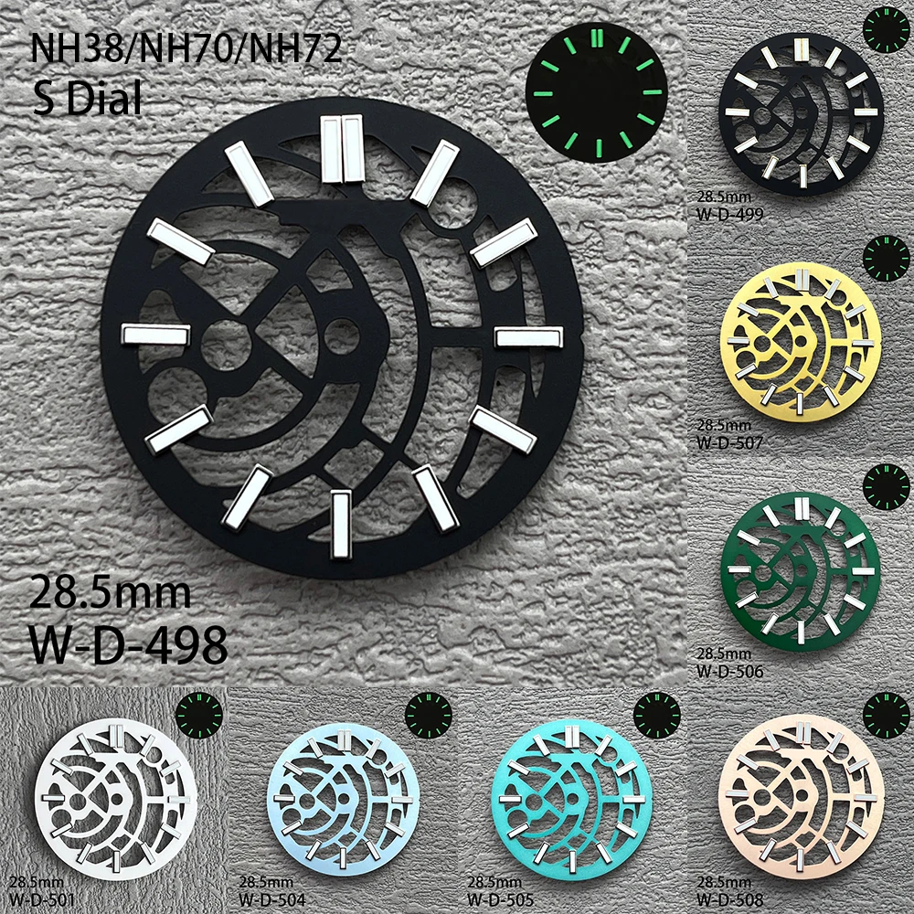 

28.5mm S Logo Hollow Out Dial Fit NH70 NH72 Movement Green Luminous High-Quality Dial Watch Modification Accessories