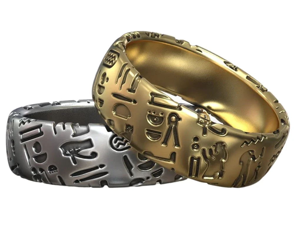 8g Ancient Egyptian Symbols Amulet Wedding Gold Couple Rings  Customized 925 Solid Sterling Silver Many Sizes 7-12