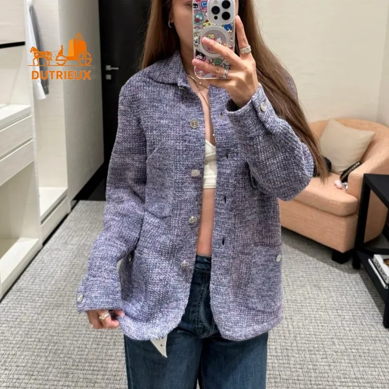 

2025 Autumn Winter Women's Lapel Jacket Knitted Coat Versatile Fashion,100% Cotton Gradient Color Yarn Process Jacket Two Colors