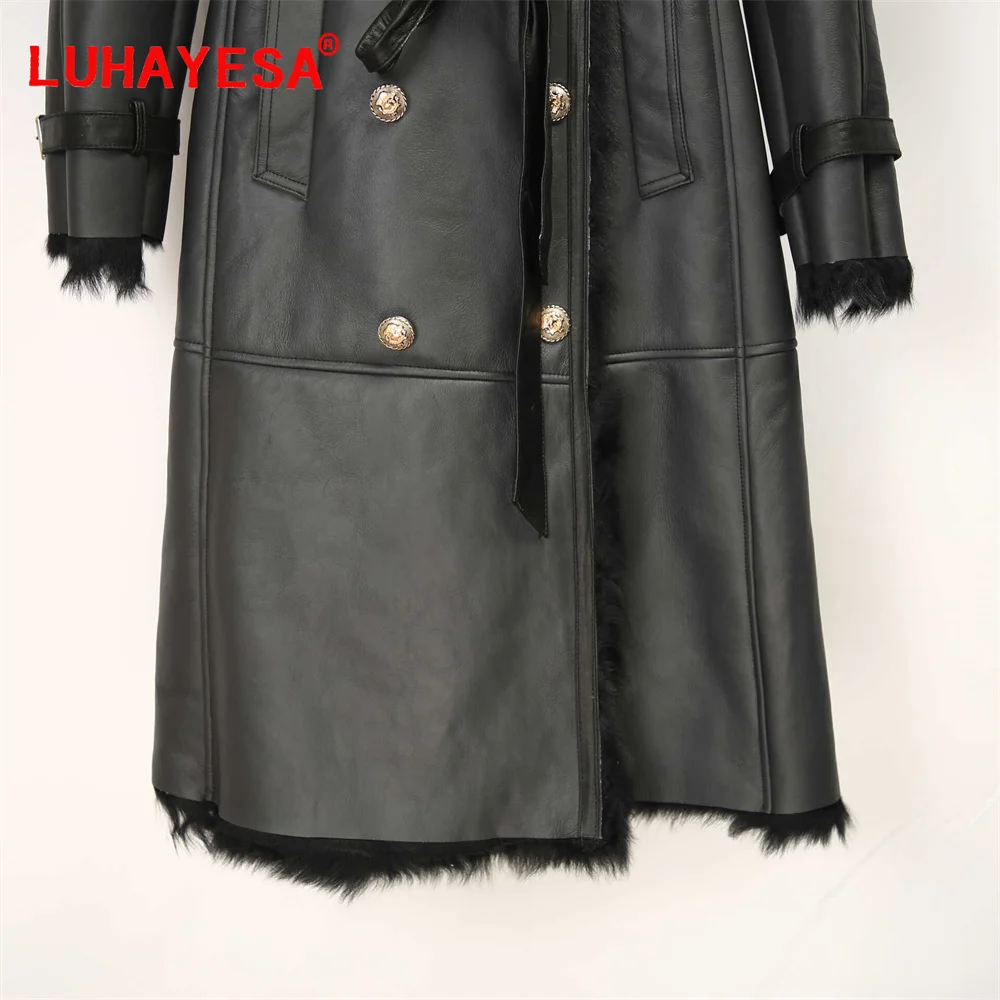 2024 Spain Tuscany Lamb Shearling Fur Coat Women Black Slim Extra Long Double Breasted Real Fur Clothing