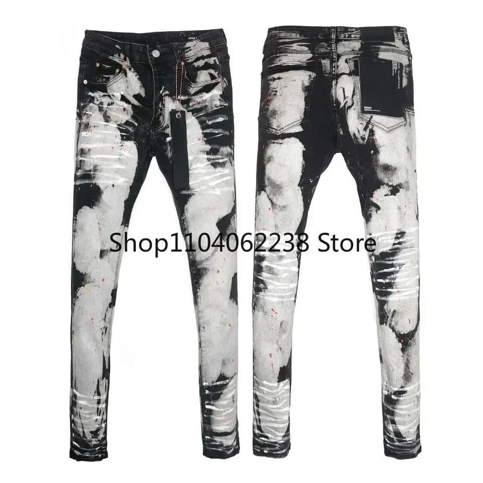 

Fashion Purples Jeans Men hipster brand Pants high street heavy crafted splattered ink casual pants straight jeans