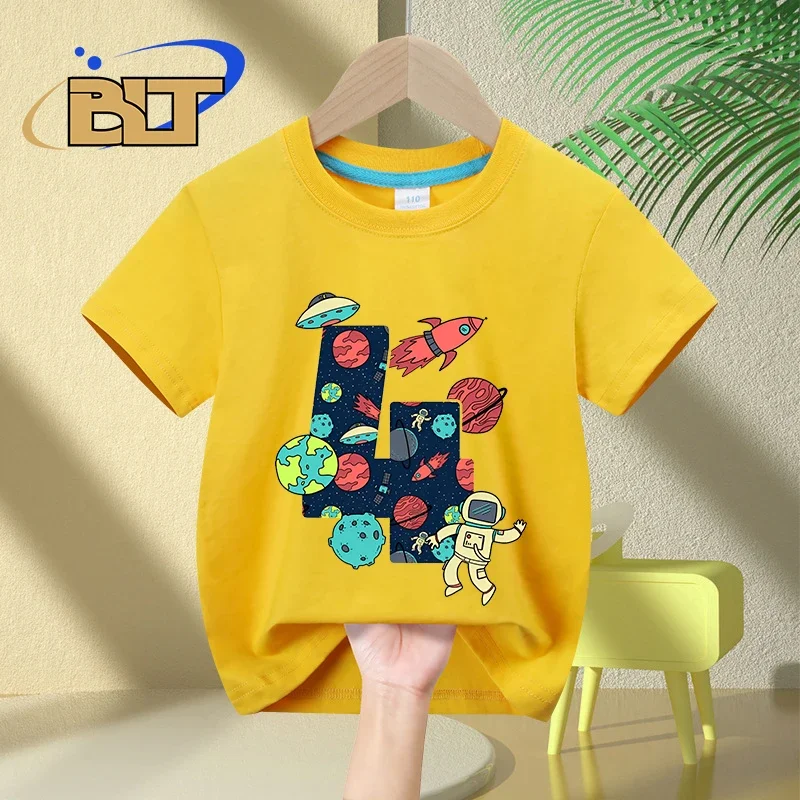 Kids 4th Birthday T-Shirt Space and Astronauts 4 Year Old Children's Cotton Short Sleeve Gift