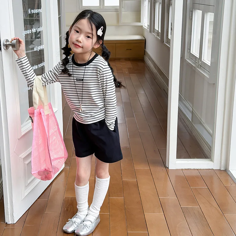 Children Cool Breathable Long Sleeved T-shirt for Girls Short Sunscreen Striped Base Shirt Versatile