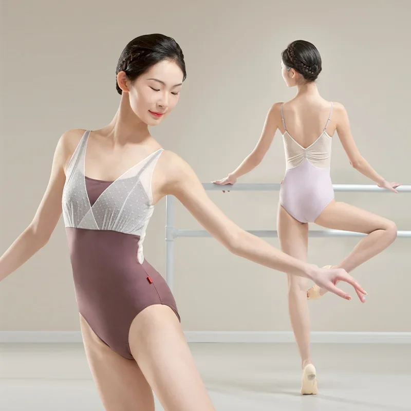 バレエレオタード女性エアリアル練習水着バレエボディスーツディープ-v-スリングレーススプライシング巾着フリルバレリーナ着用