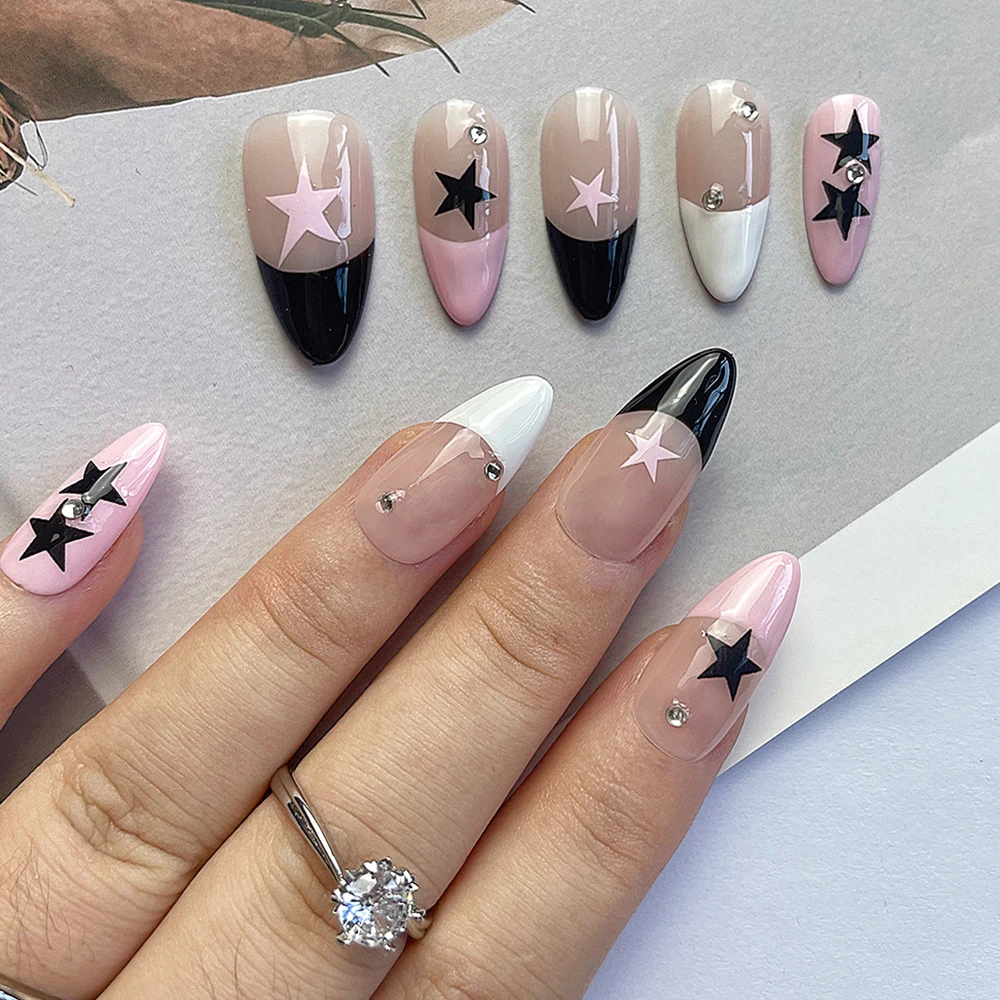 Spice Girl Black Pink Handmade Fake Nails French Style Almond Five Pointed Star Diamond Wearable Manicure Pink Crystal Ring Set