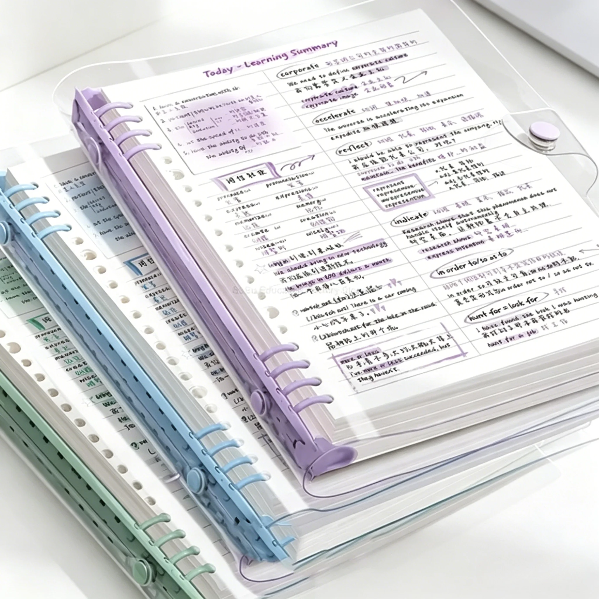 60 Sheets A5 Transparent Soft Leather Loose-Leaf Notebook Refillable Horizontal Lined Notepad with Detachable Ring Binder Shell