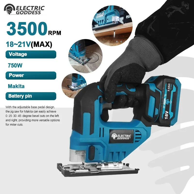 

Electric Curved Saw 3500RPM Cordless 750W Rechargeable Electric Jig Saw Woodworking Cutting Power Tool for Makita 18V Battery