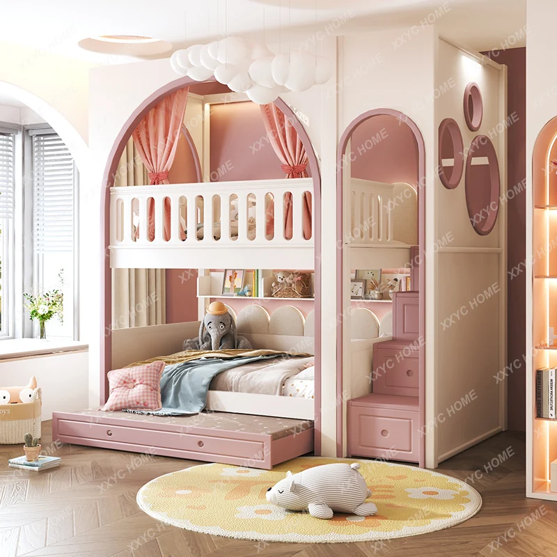 Solid Wood Children's Bunk Bed up and down Bunk Bed Girls' Combination Height Bunk Bed Tree House Secret Base